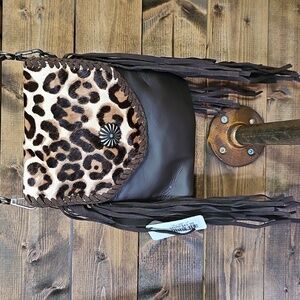 Western Crossbody Bag Tan Brown Leopard  Animal Print with Fringe Cowgirl